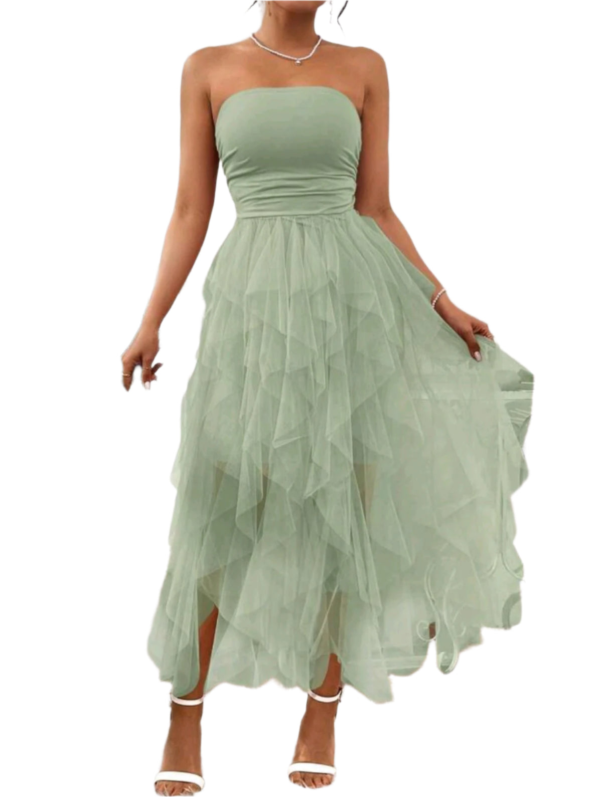 SHE halványzöld tüllréteges pánt nélküli ruha