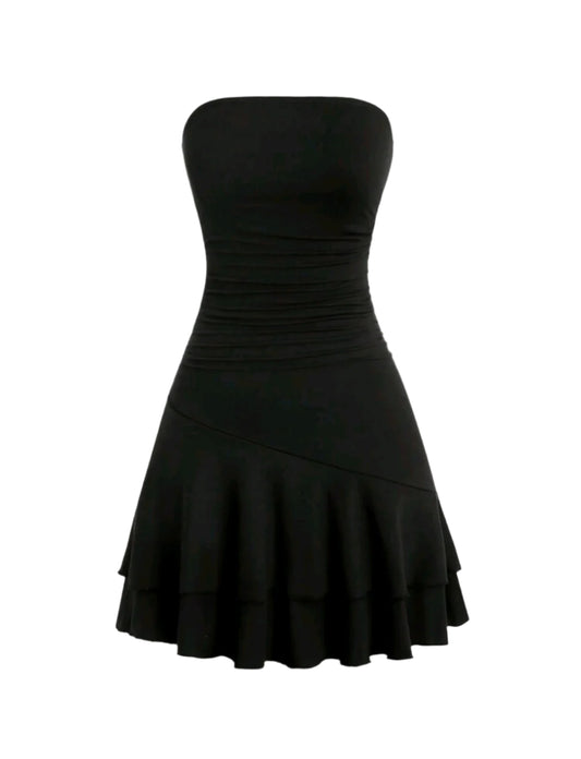 SHE fekete váll nélküli fodros mini ruha