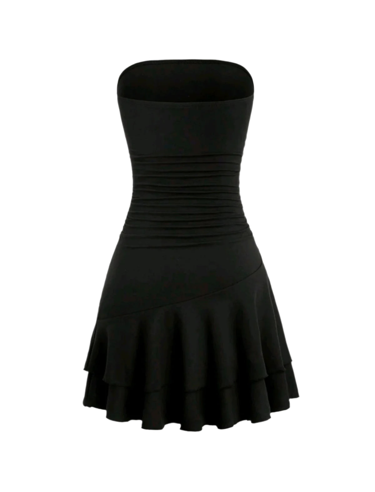 SHE fekete váll nélküli fodros mini ruha