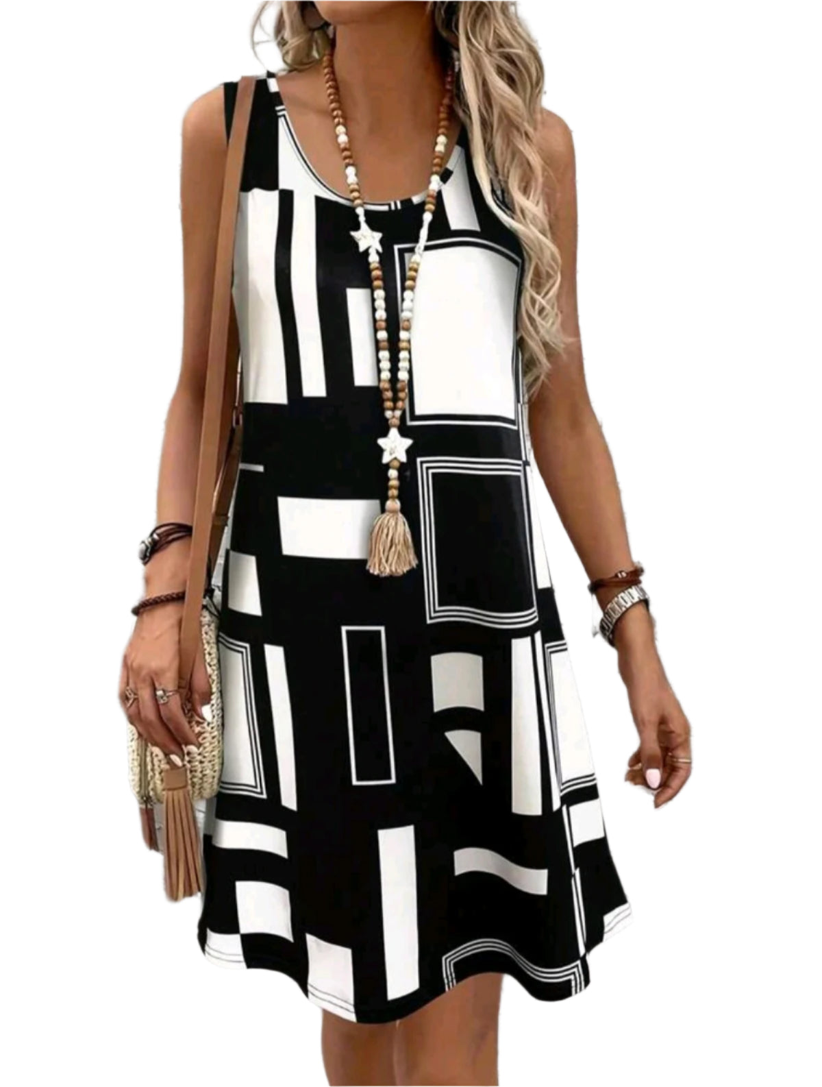 SHE fekete-fehér geometriai mintás ujjatlan ruha