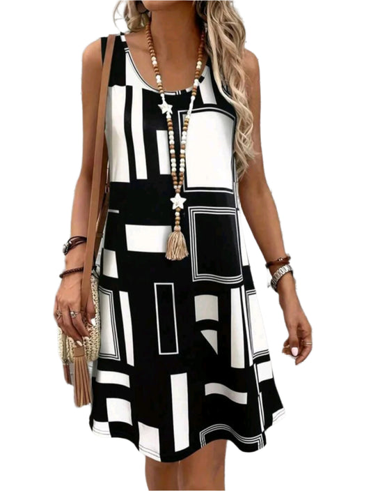 SHE fekete-fehér geometriai mintás ujjatlan ruha