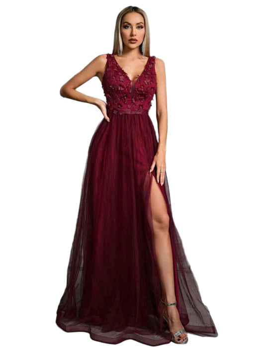 SHE bordó hímzett tüll maxi ruha