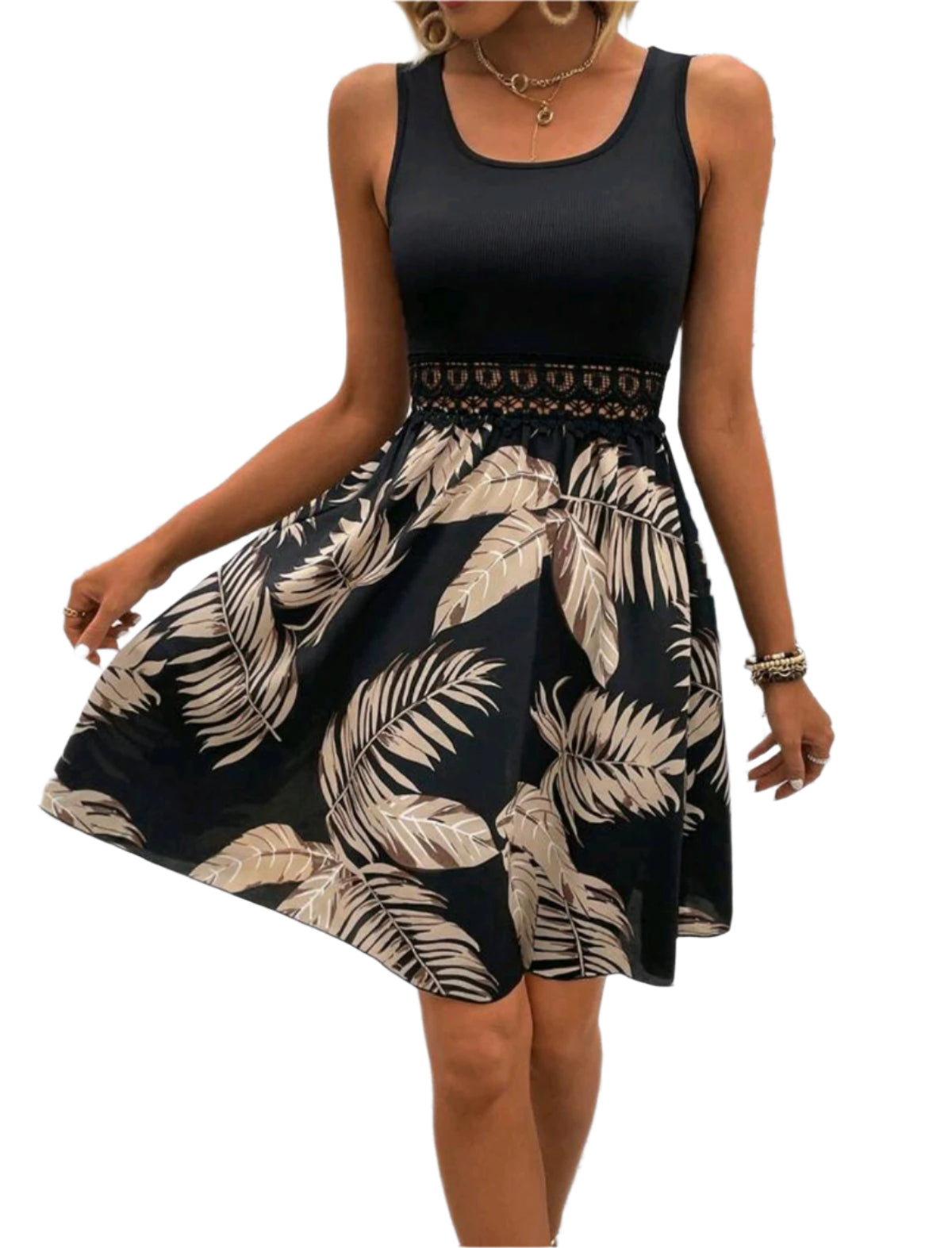 SHE fekete leveles mintás nyári ruha