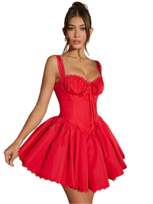 SHE piros fűzős fodros miniruha