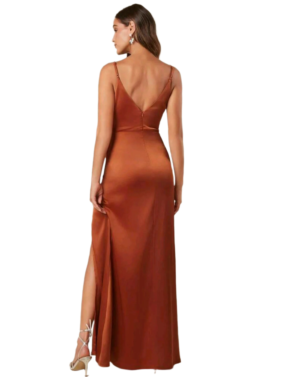 SHE rozsdabarna szatén elegáns maxi ruha