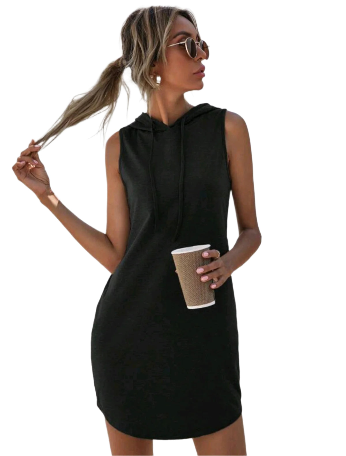 SHE fekete ujjatlan kapucnis sportos miniruha