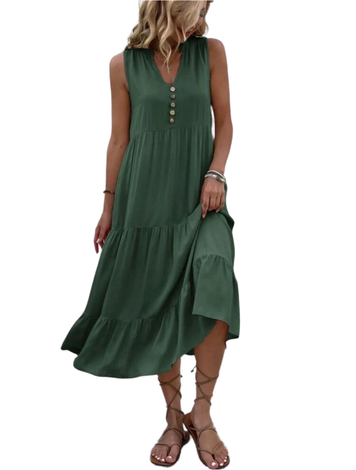 SHE olívazöld gombos ujjatlan midiruha