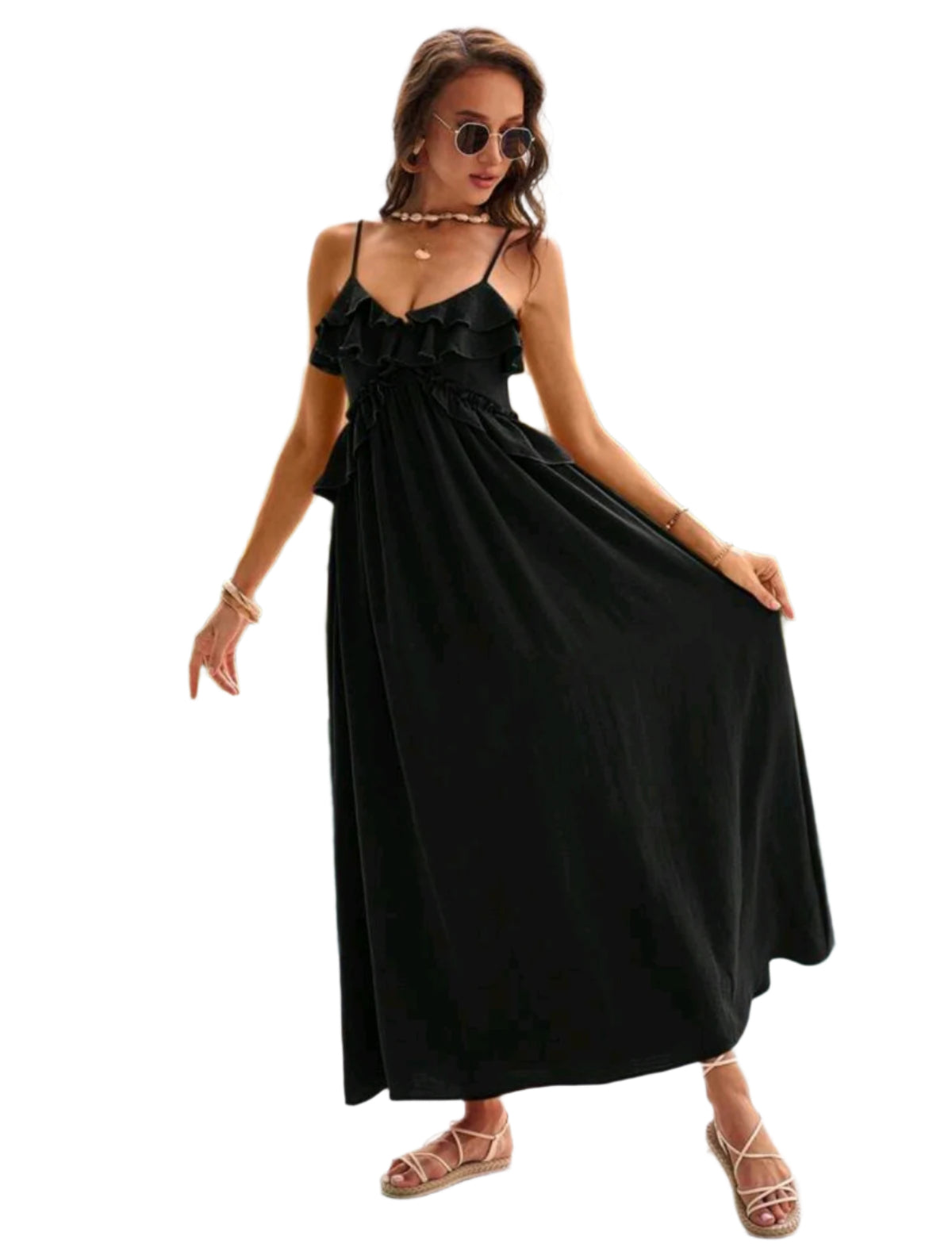 SHE fekete fodros maxi ruha