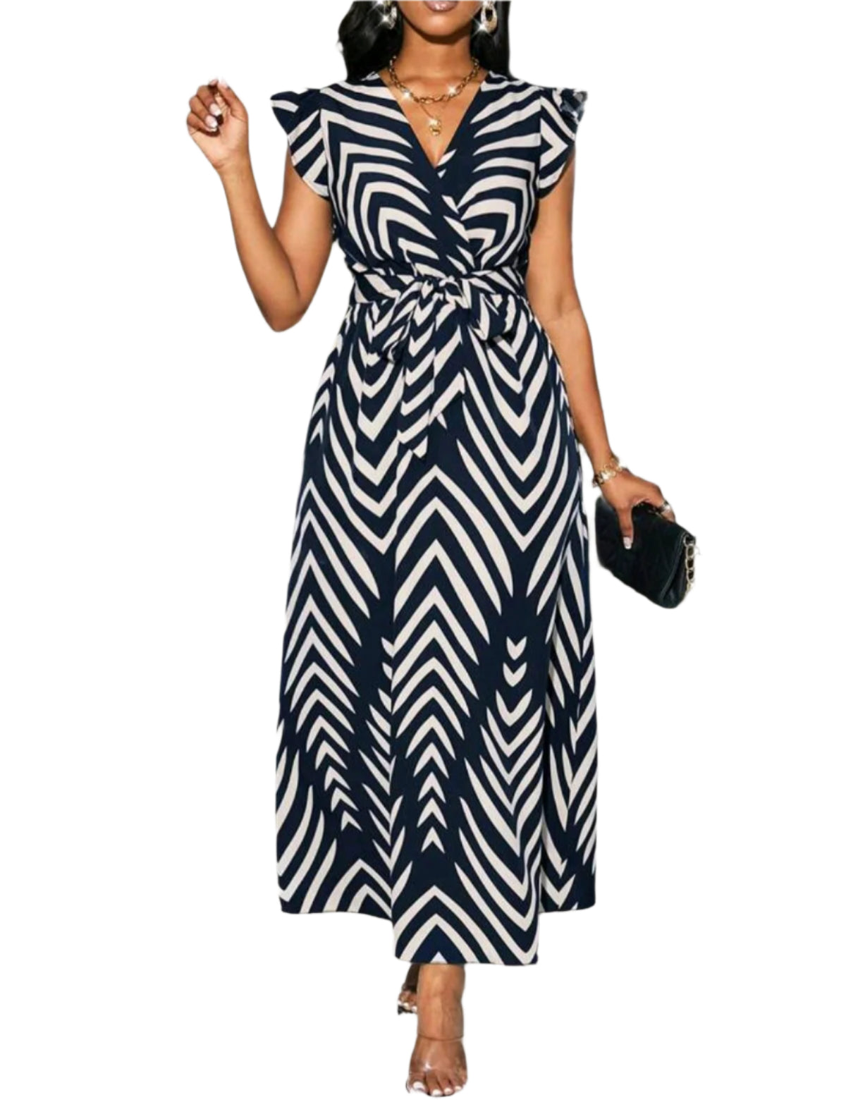 SHE fekete-fehér mintás megkötős maxi ruha