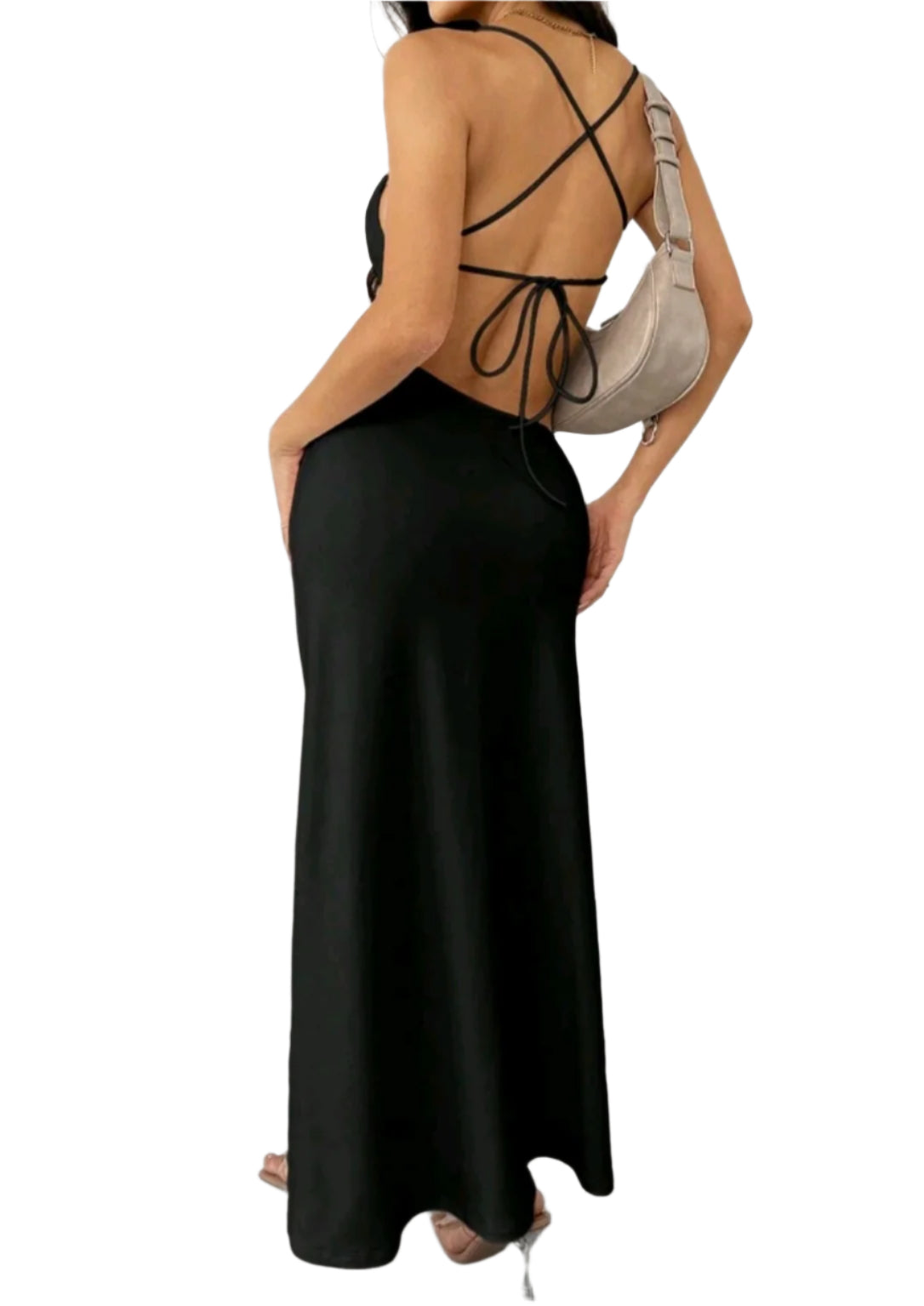 SHE fekete szatén hatású hosszú ruha