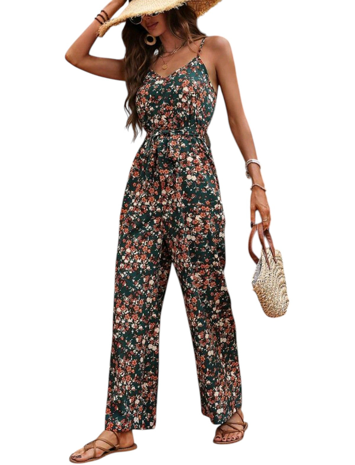 SHE sötétzöld virágmintás spagettipántos overál