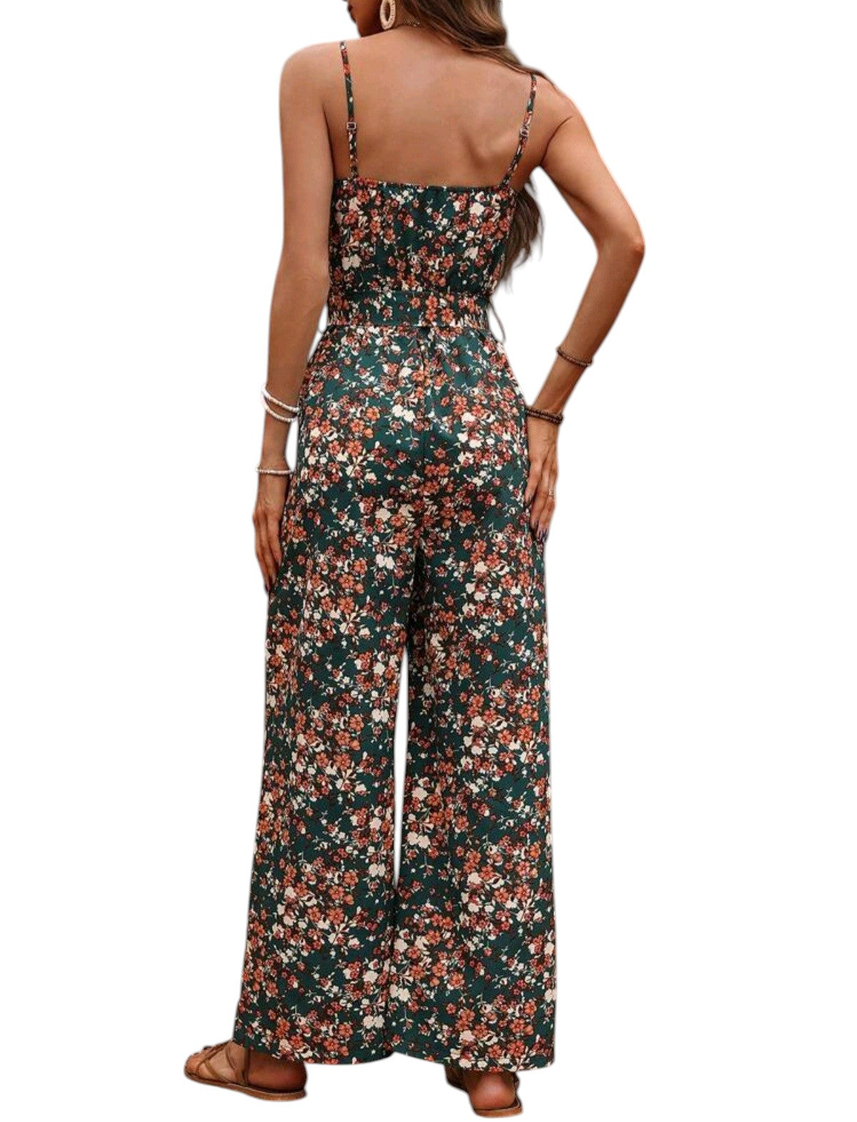 SHE sötétzöld virágmintás spagettipántos overál