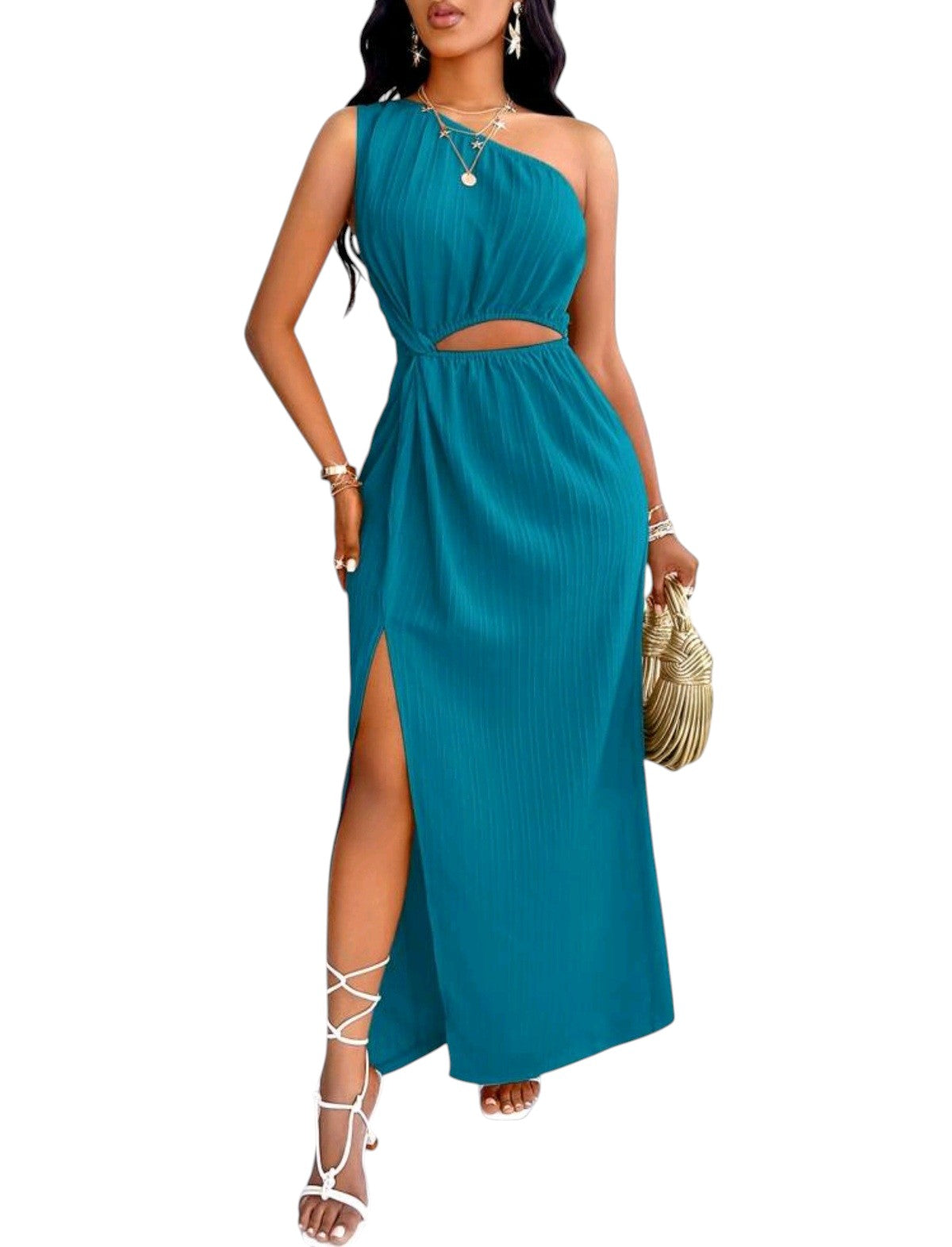 SHE türkizkék félvállas kivágott sliccelt maxi ruha