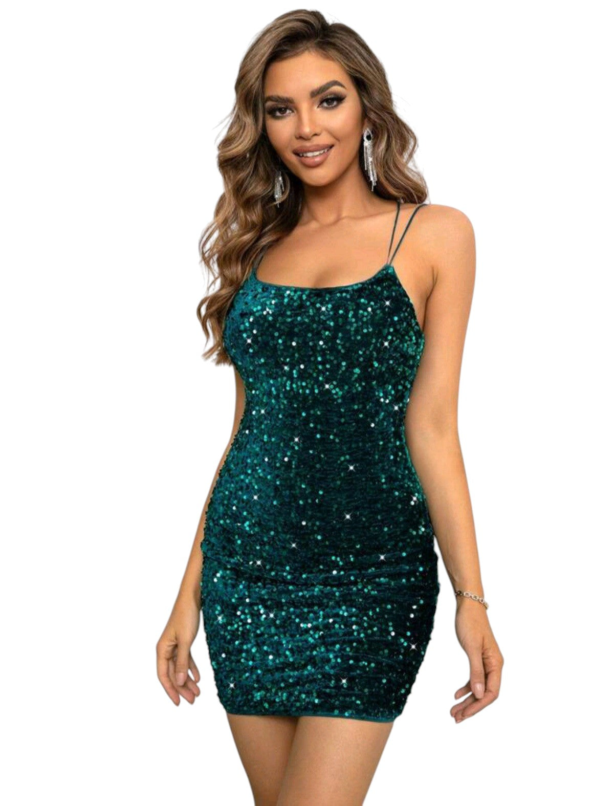 SHE zöld flitteres spagettipántos miniruha