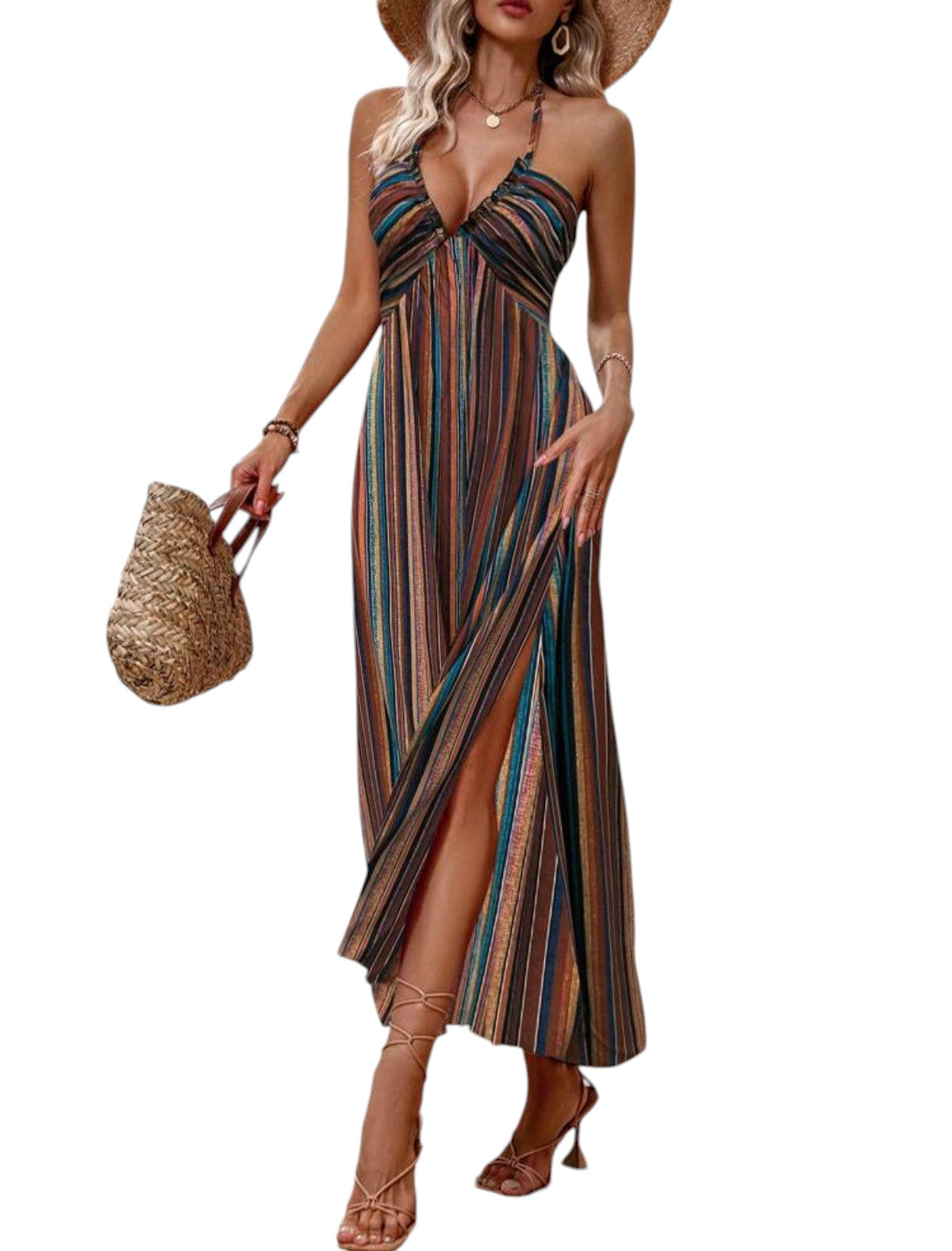 SHE többszínű csíkos nyakba kötős sliccelt maxi ruha