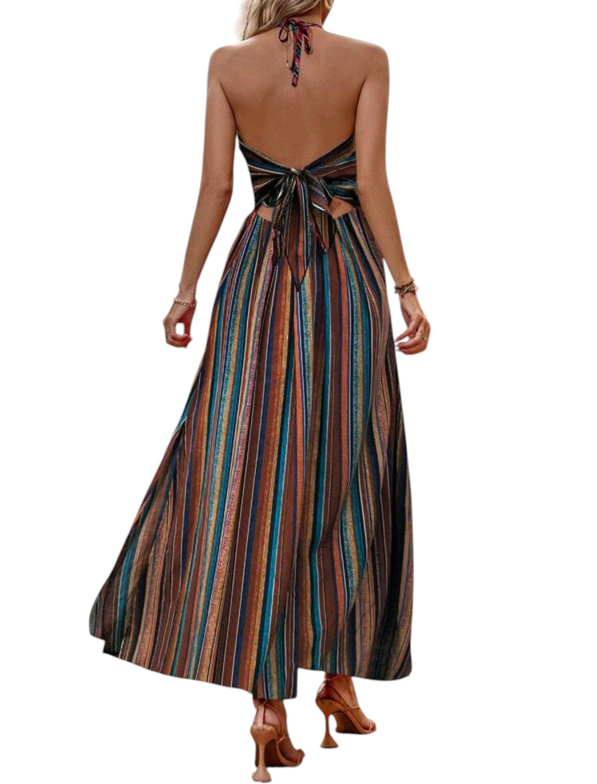 SHE többszínű csíkos nyakba kötős sliccelt maxi ruha