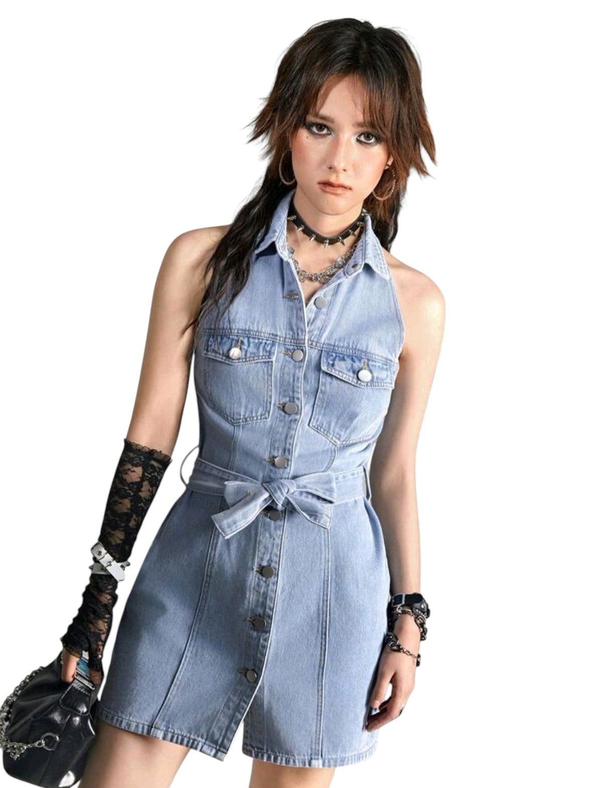 SHE világoskék farmer nyakba kötős ingruha