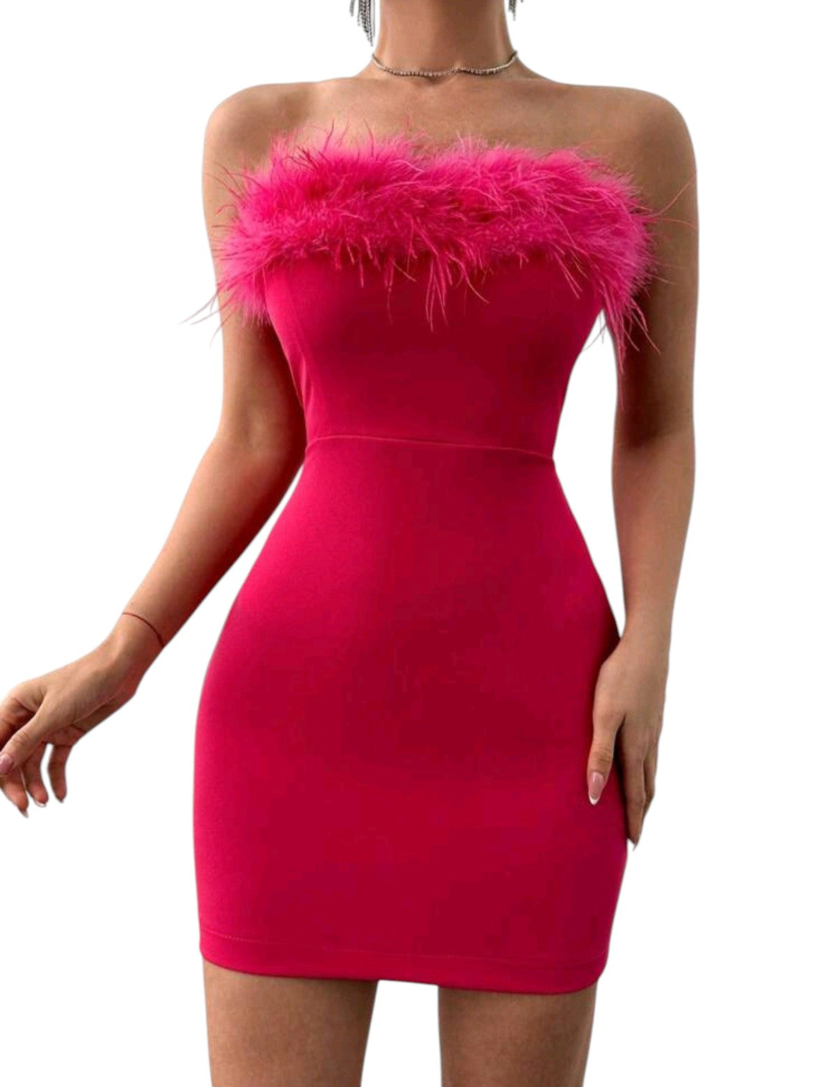 SHE pink pántnélküli tollas miniruha