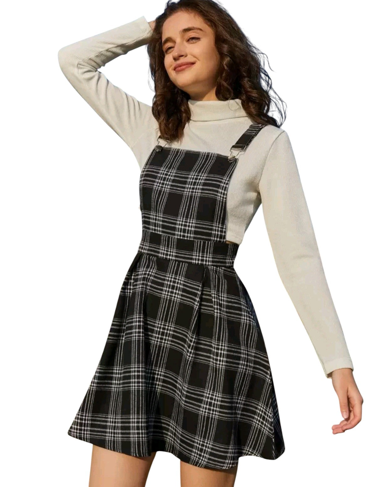 SHE fekete kockás kantáros miniruha