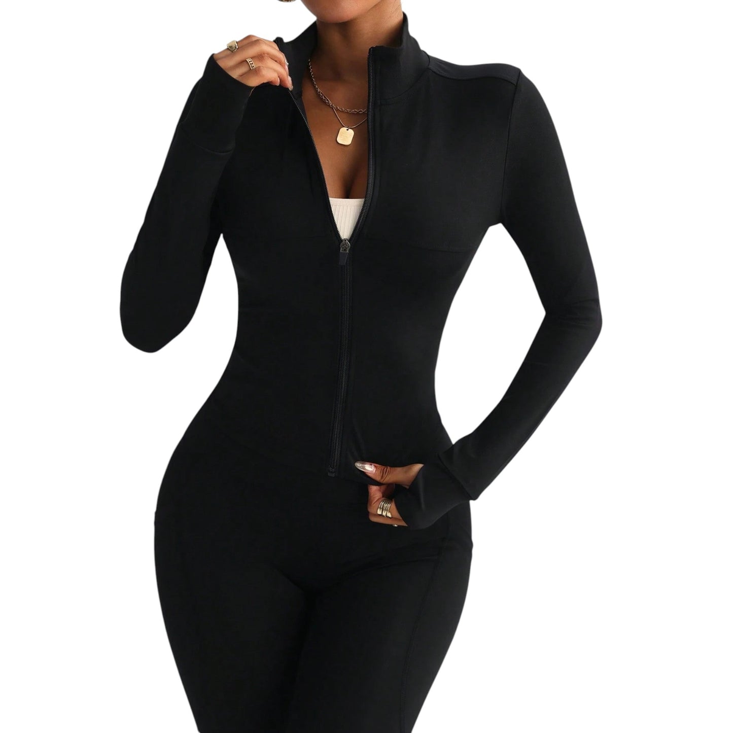SHE fekete cipzáros slim fit kezeslábas