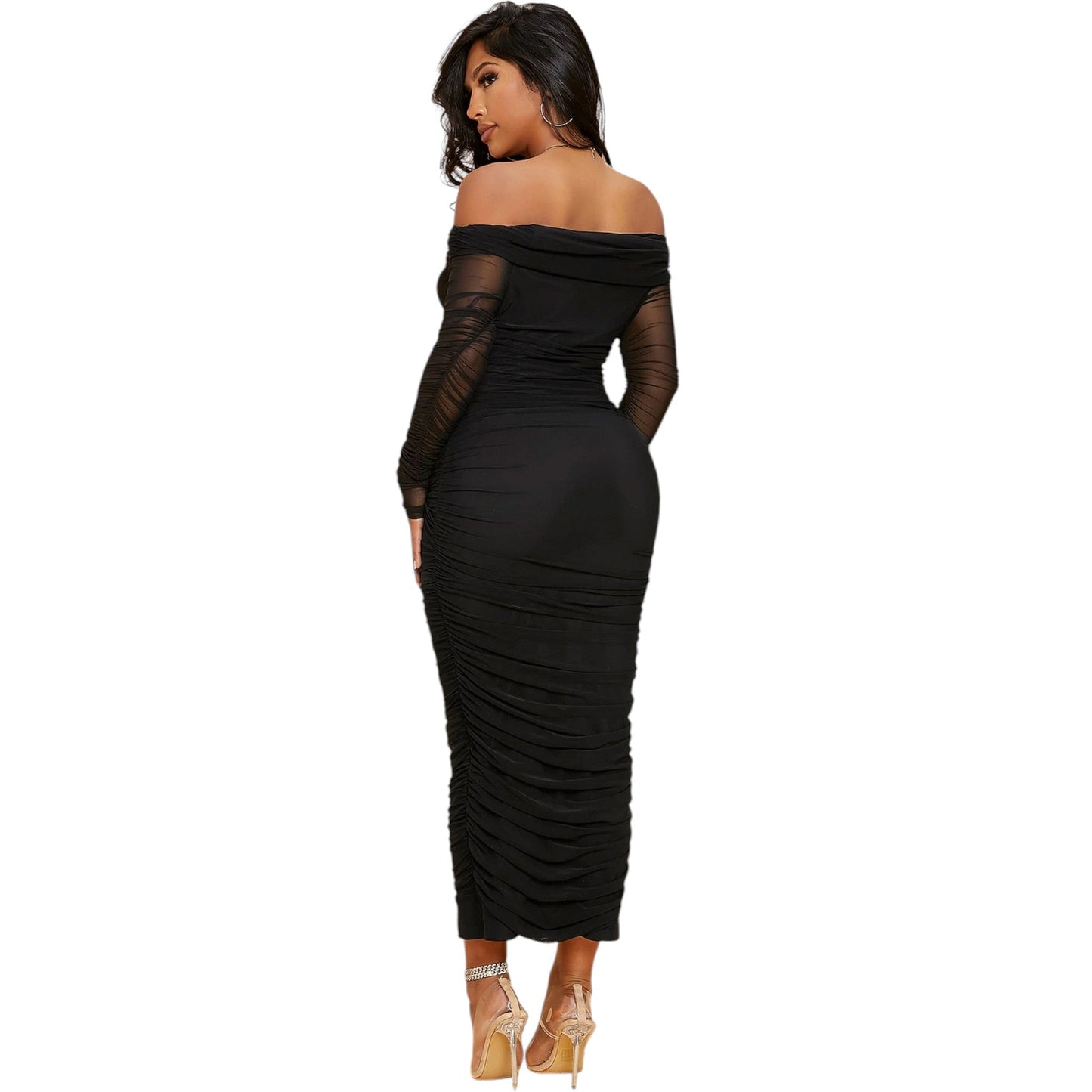 SHE fekete fodros bodycon midi ruha