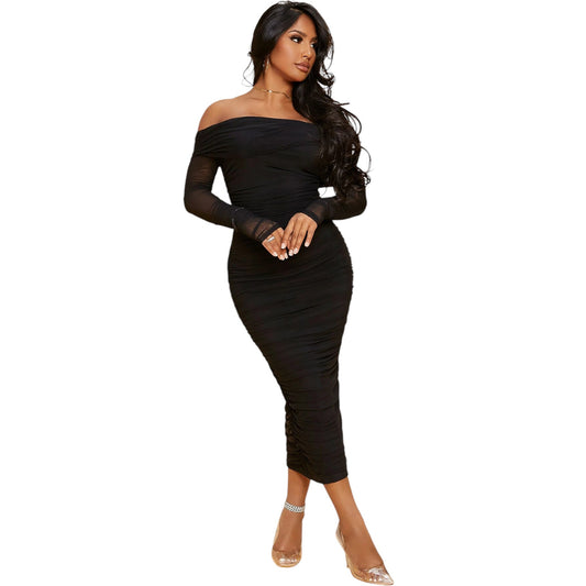 SHE fekete fodros bodycon midi ruha