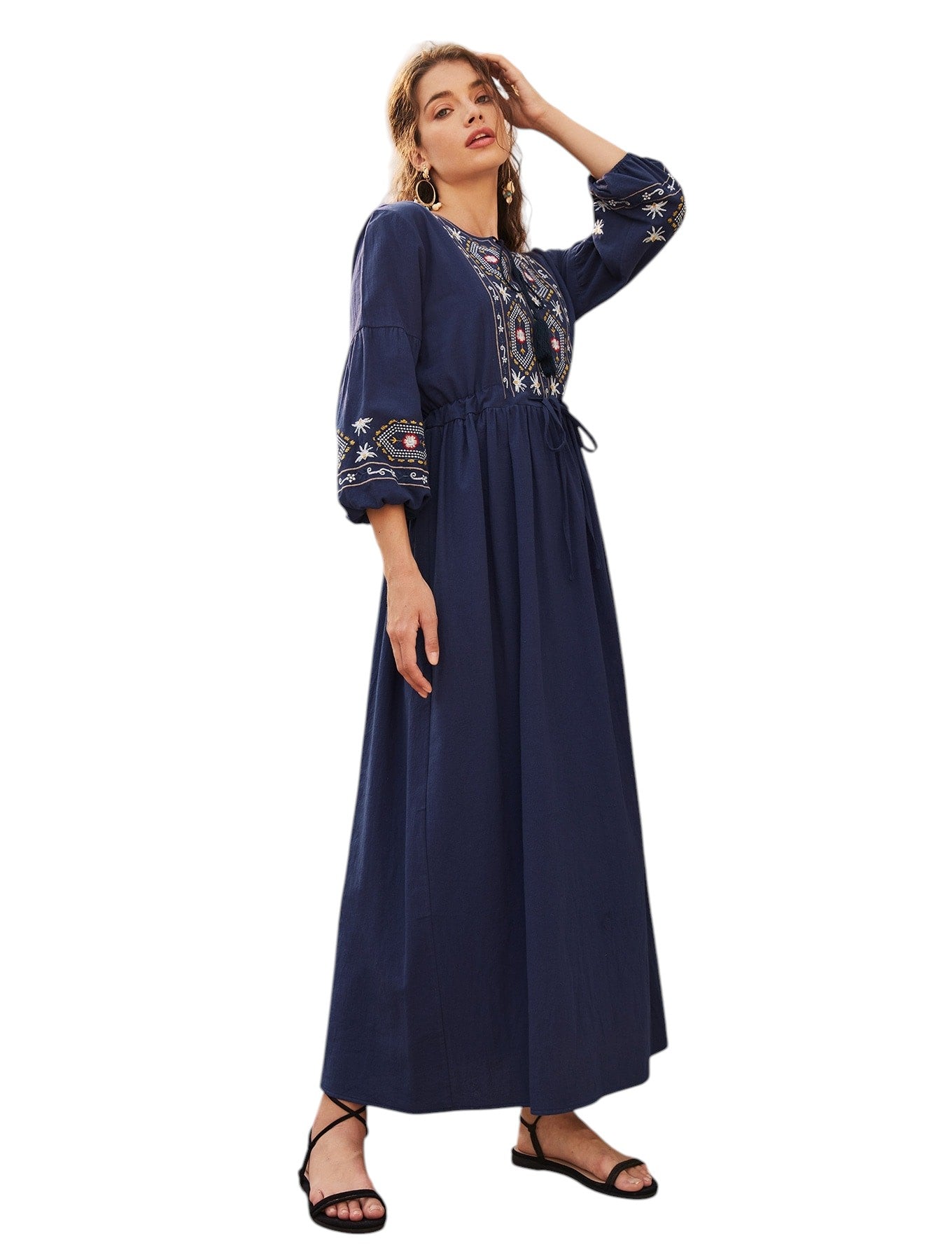 SHE sötétkék hímzett maxi ruha