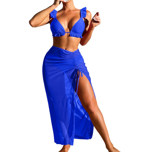 SHE kék fodros bikini & pareo szett