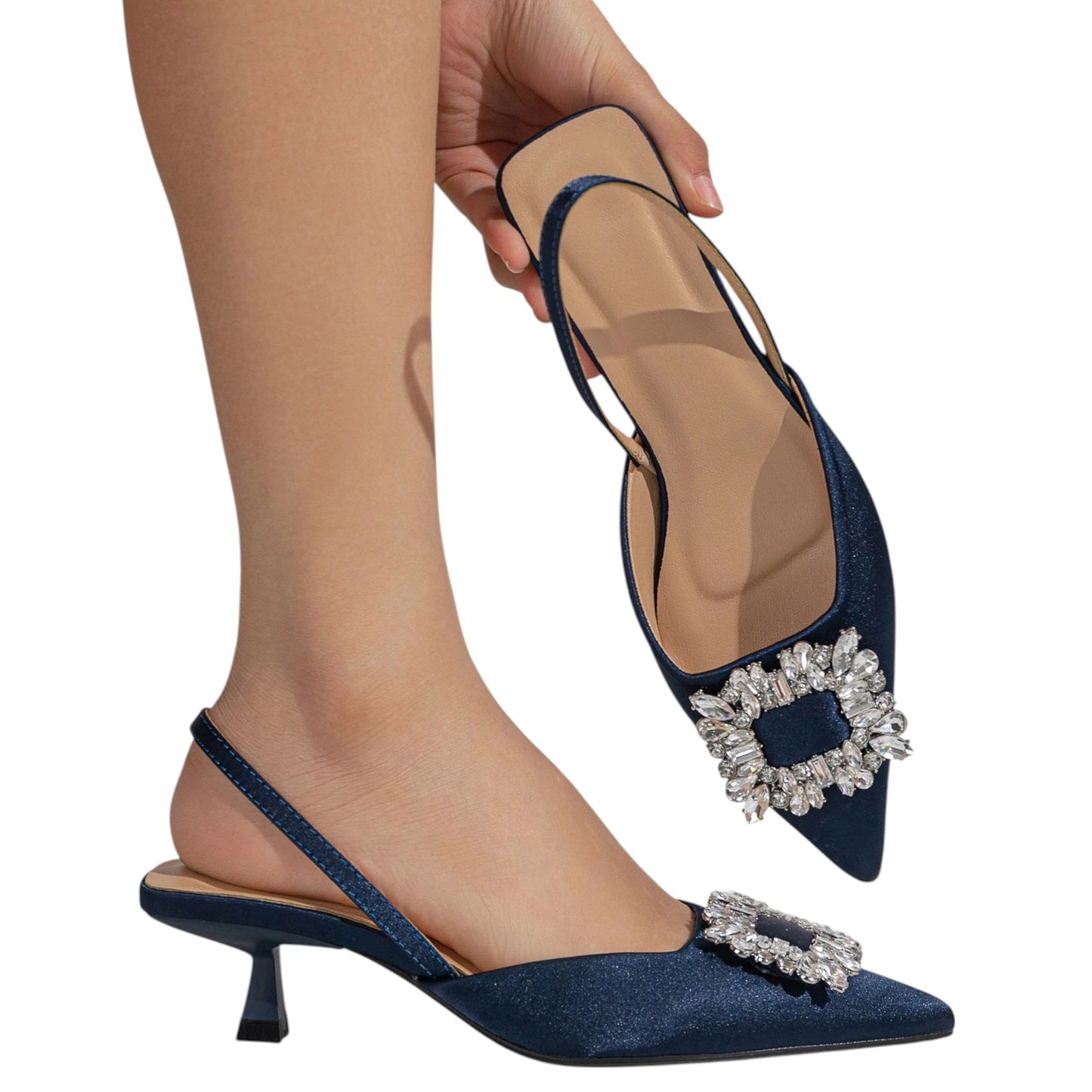 SHE sötétkék strasszos kitten heel