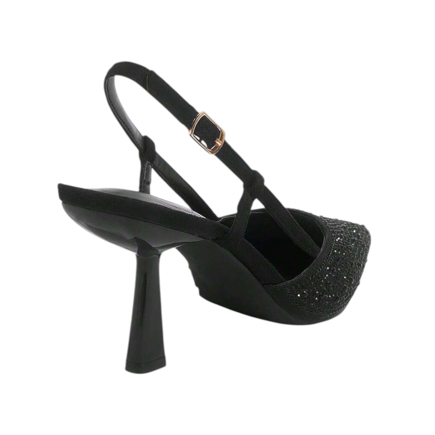 SHE fekete strasszos slingback magassarkú