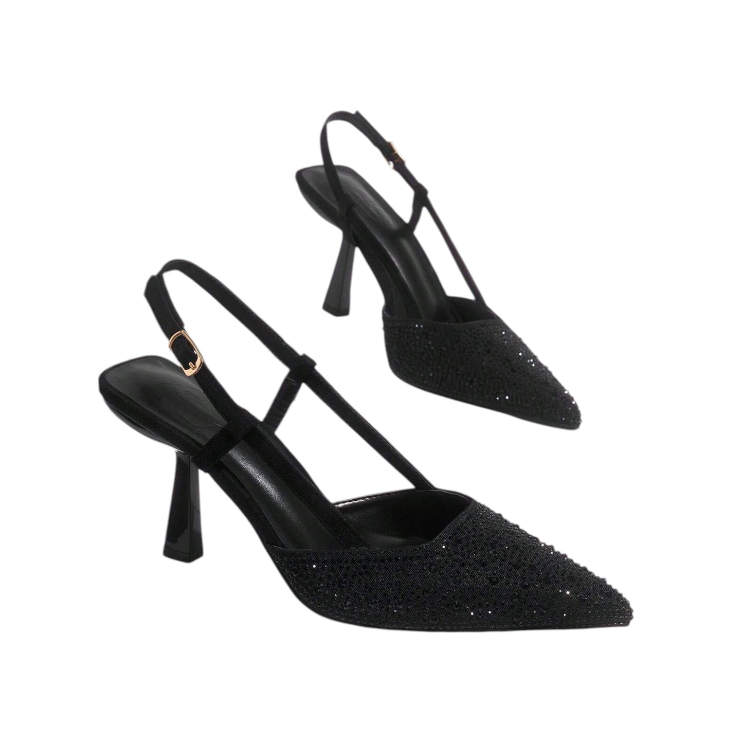 SHE fekete strasszos slingback magassarkú