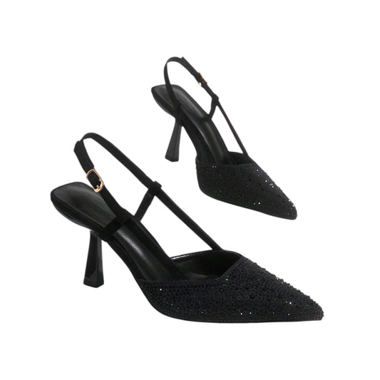 SHE fekete strasszos slingback magassarkú