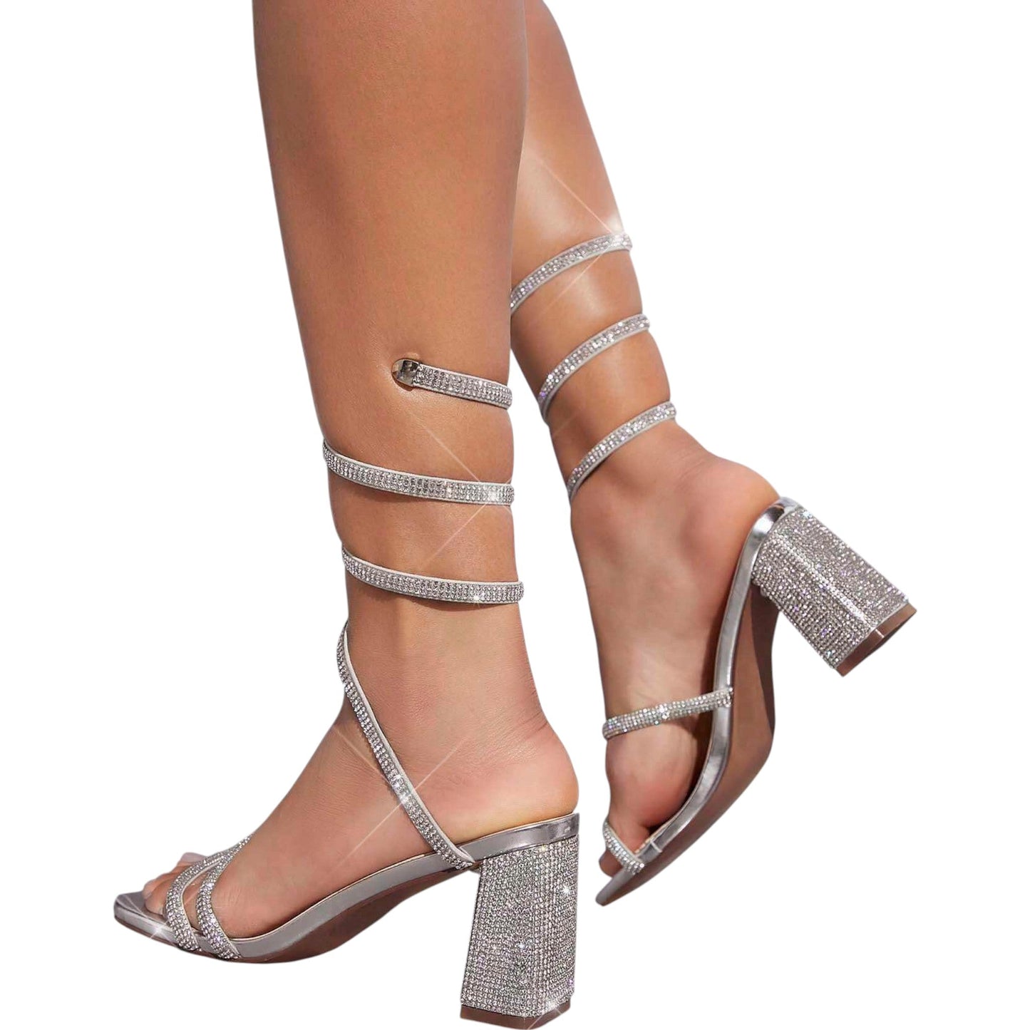 SHE ezüst spirálpántos magas sarkú szandál