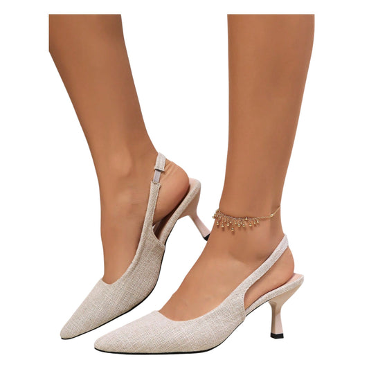 SHE bézs glitteres slingback magas sarkú cipő