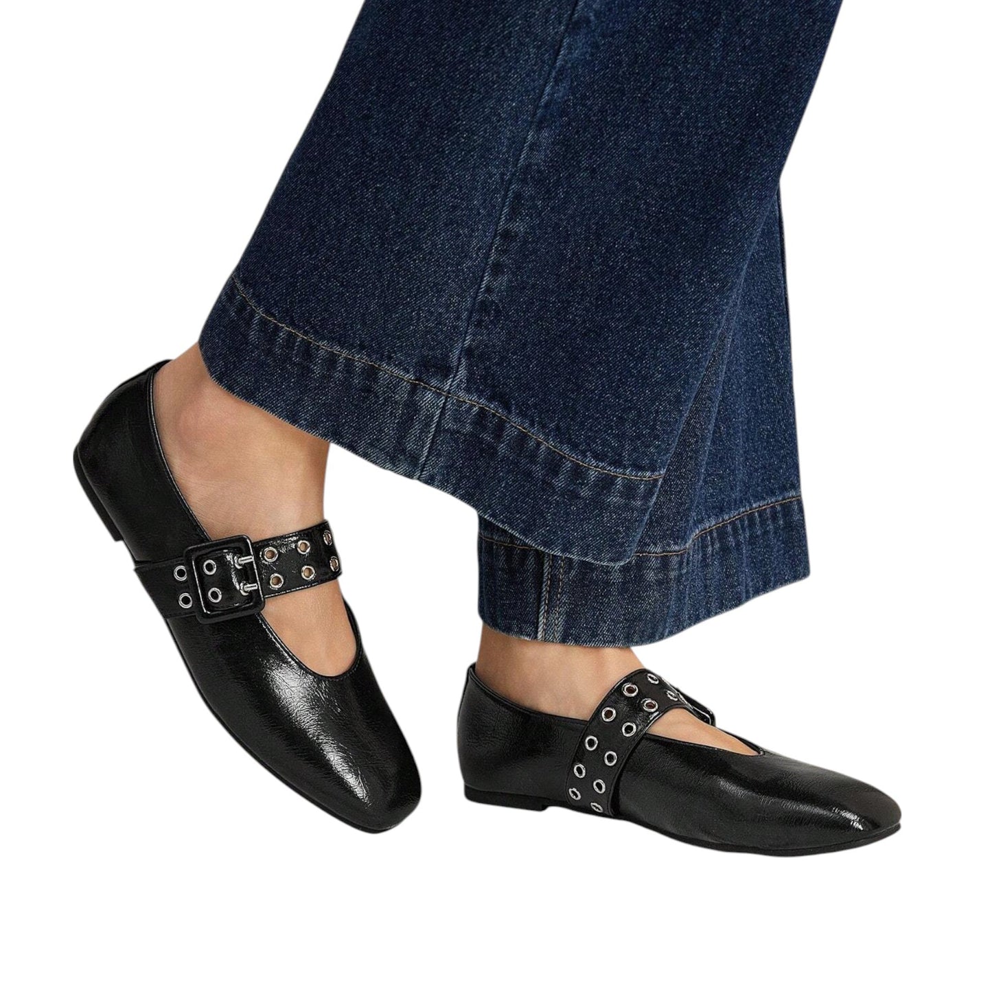 SHE fekete szegecses balerina cipő