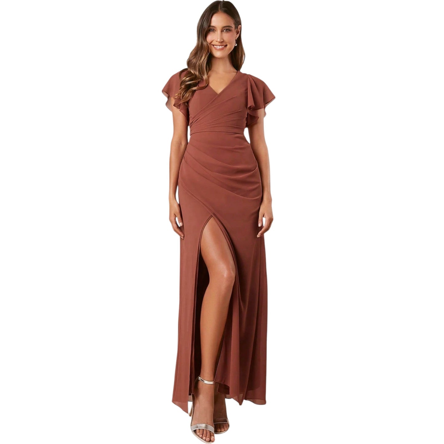 SHE rozsdabarna V-nyakú maxi ruha