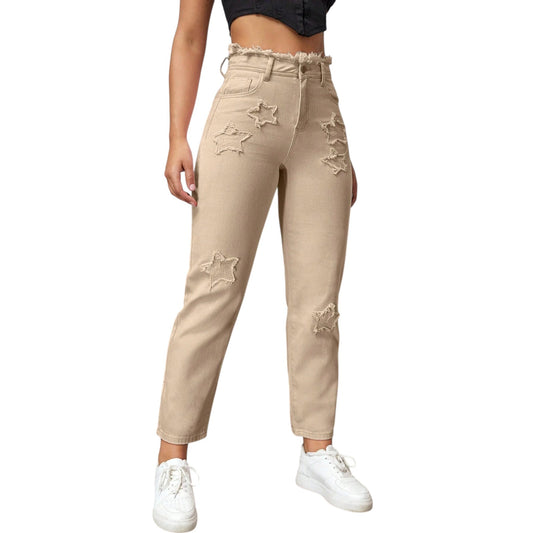 SHE bézs csillag mintás szaggatott farmer nadrág
