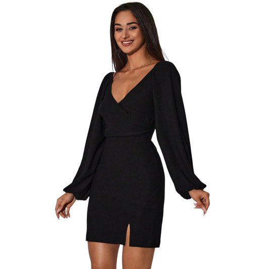 SHE fekete átlapolt mini ruha