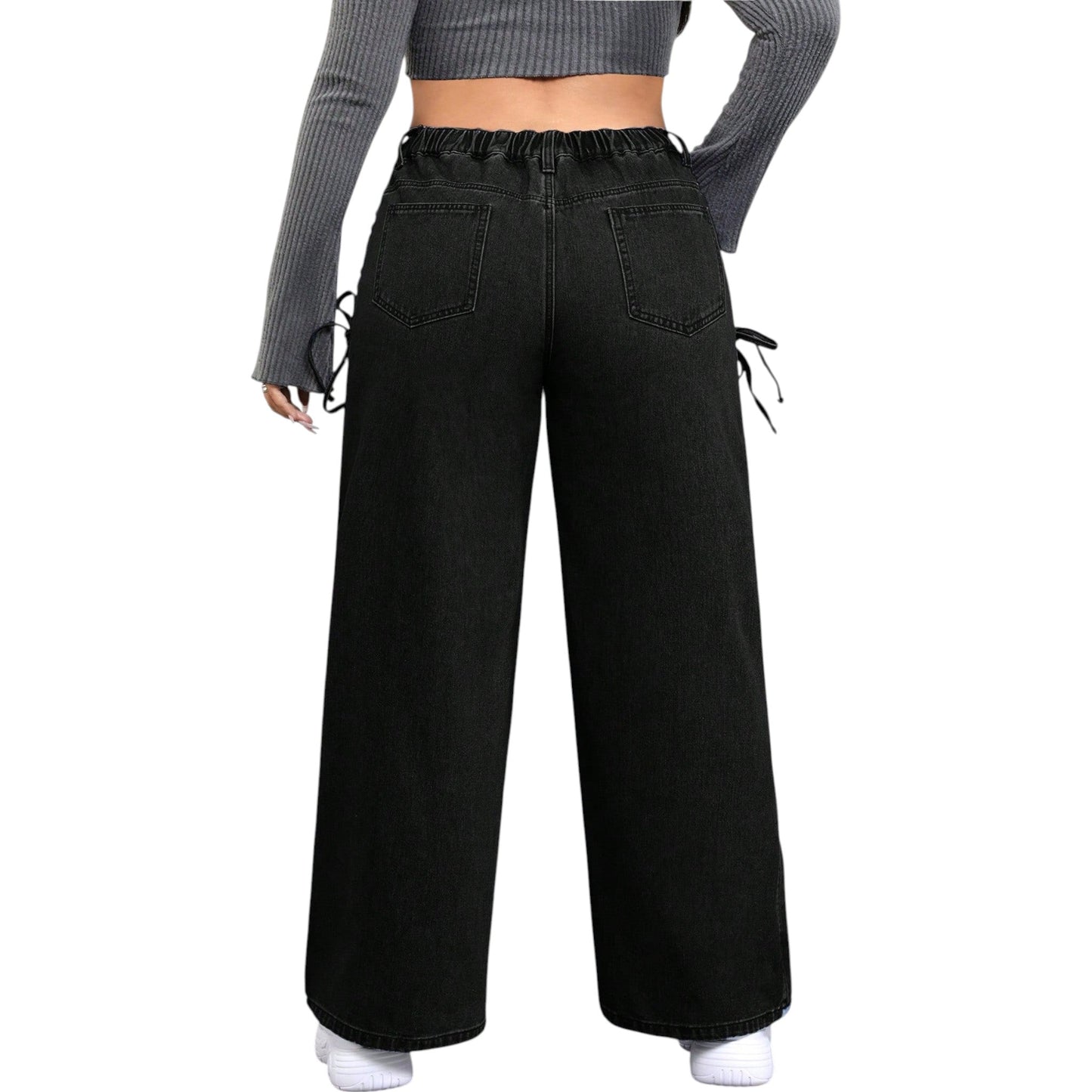 SHE fekete fűzős wide leg farmer nadrág