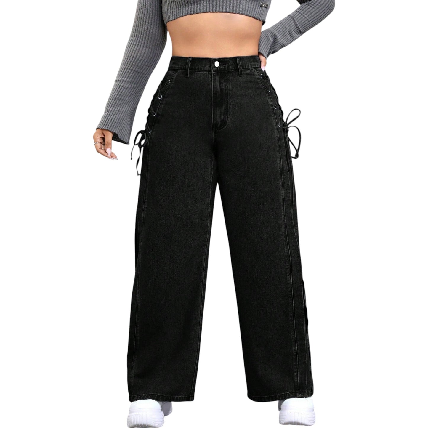 SHE fekete fűzős wide leg farmer nadrág