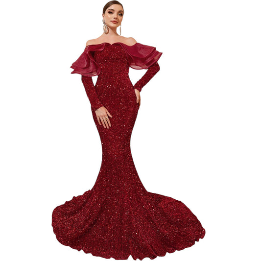 SHE bordó fodros hosszú ruha