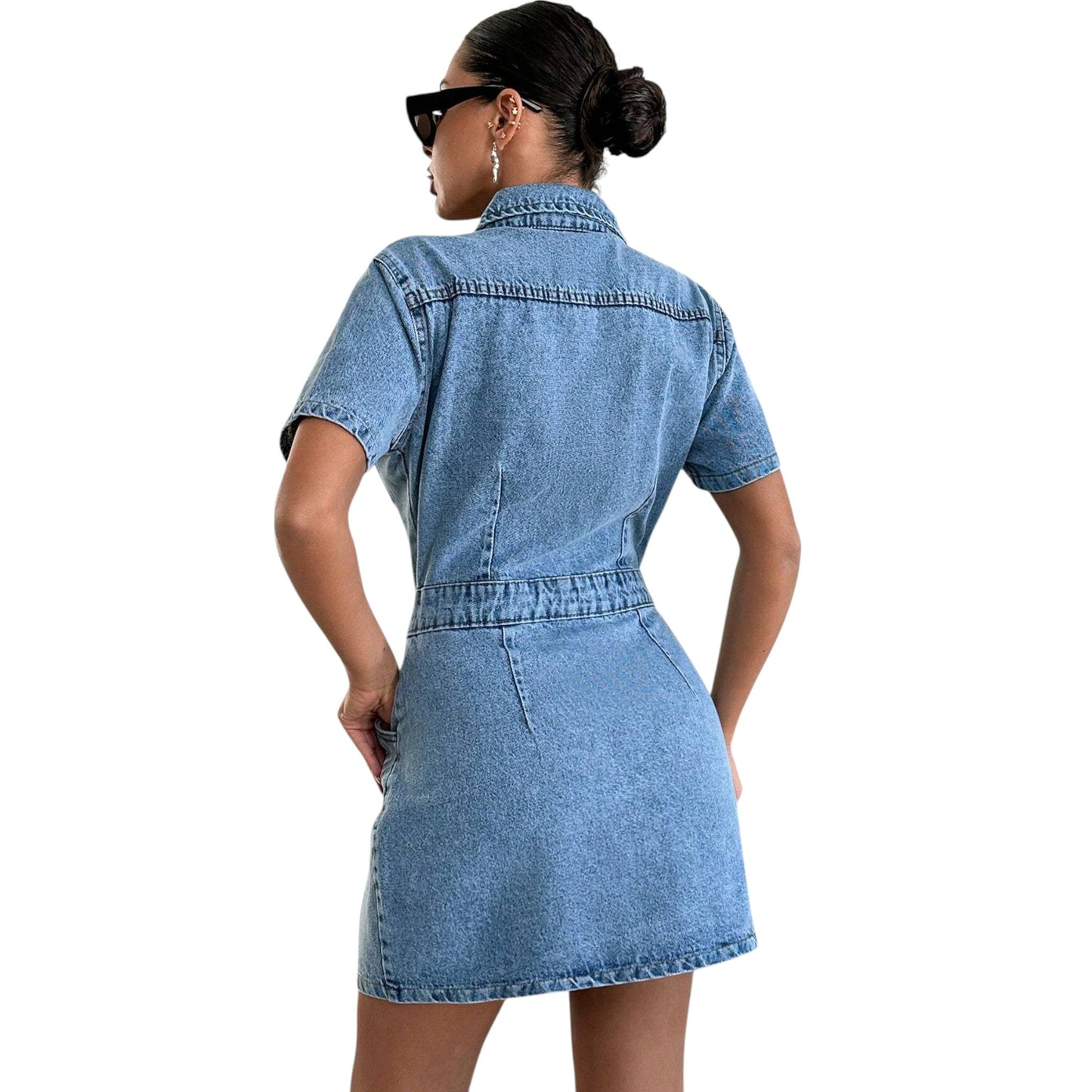 SHE kék rövid ujjú farmer ruha