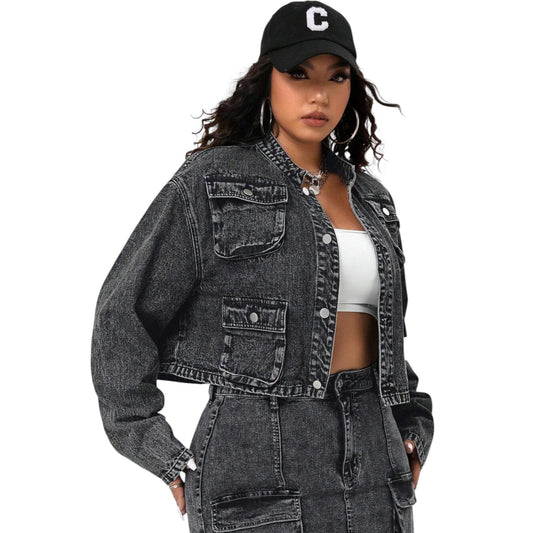 SHE feketre crop szaggatott farmer dzseki