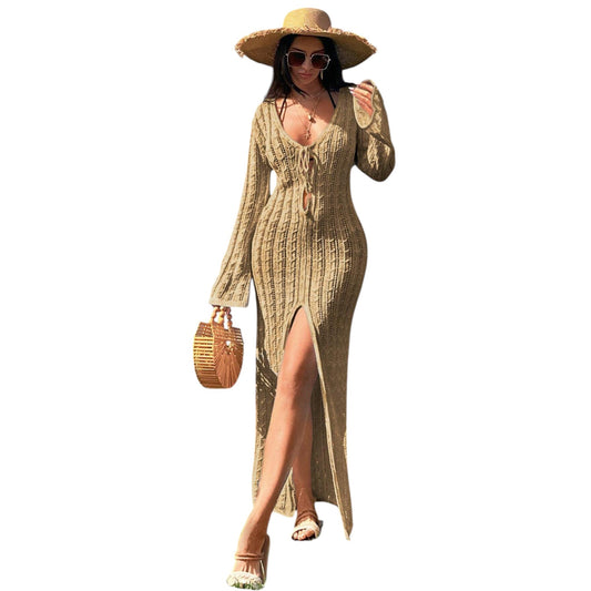 SHE bézs kötött maxi strandruha
