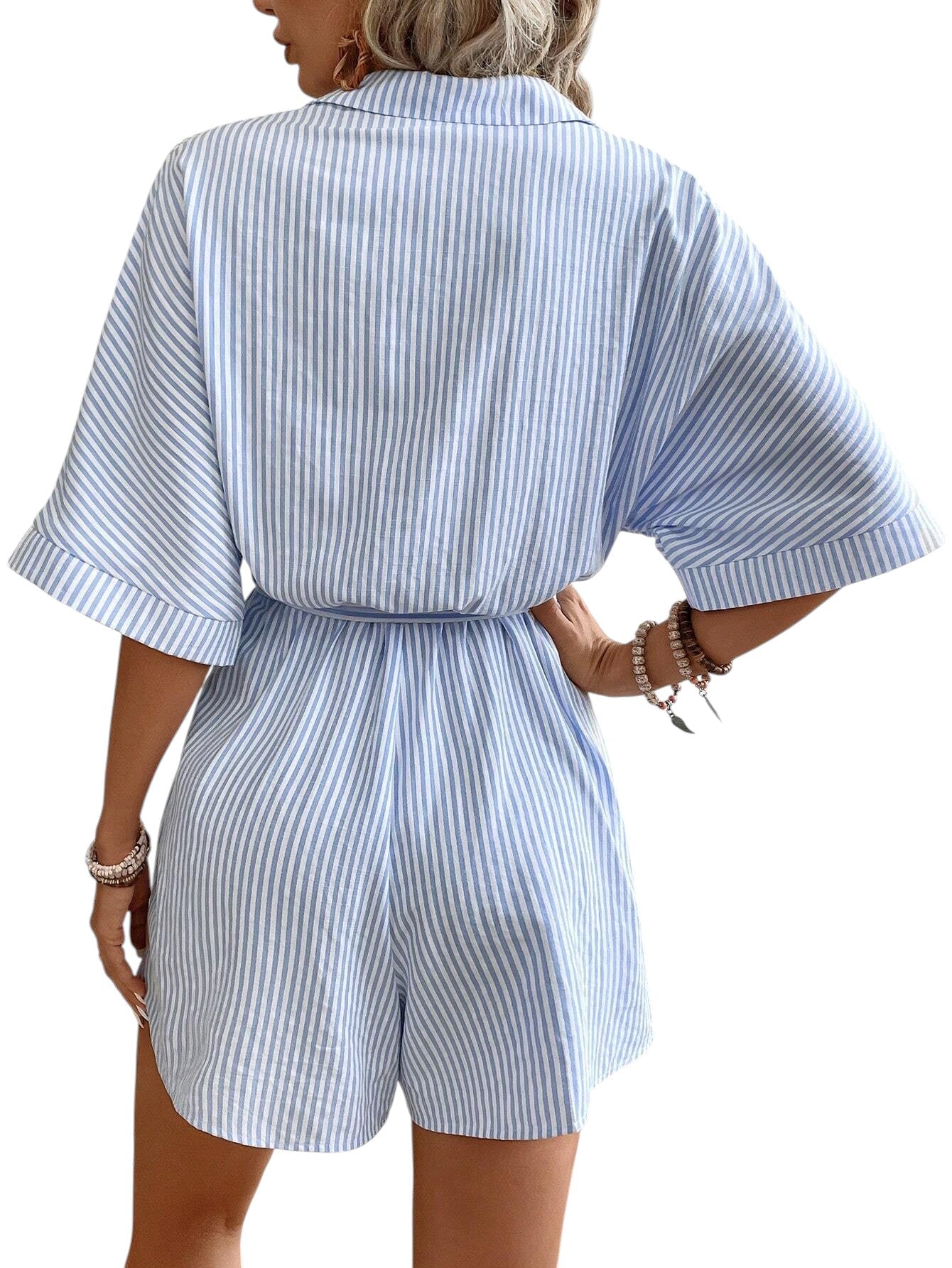 SHE világoskék csíkos öves playsuit