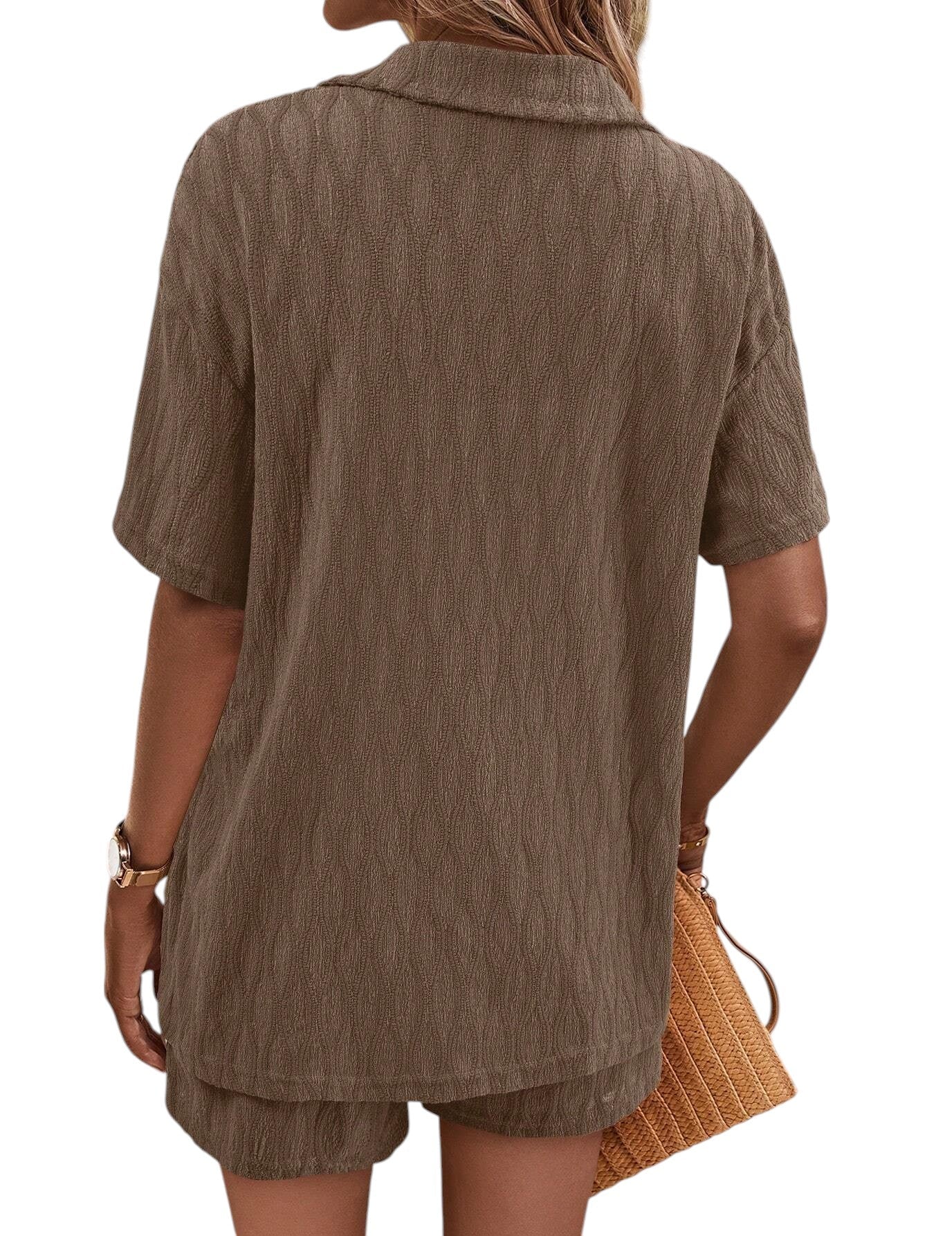 SHE barna rövid ujjú ing és rövidnadrág szett