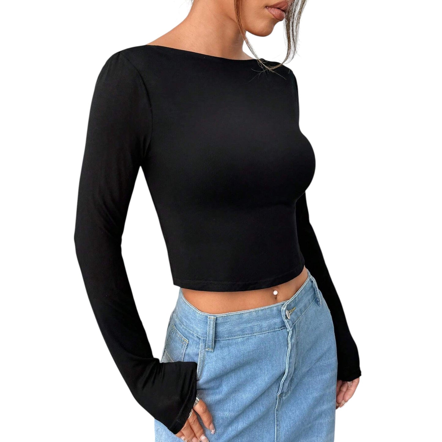 SHE fekete hosszú ujjú crop top