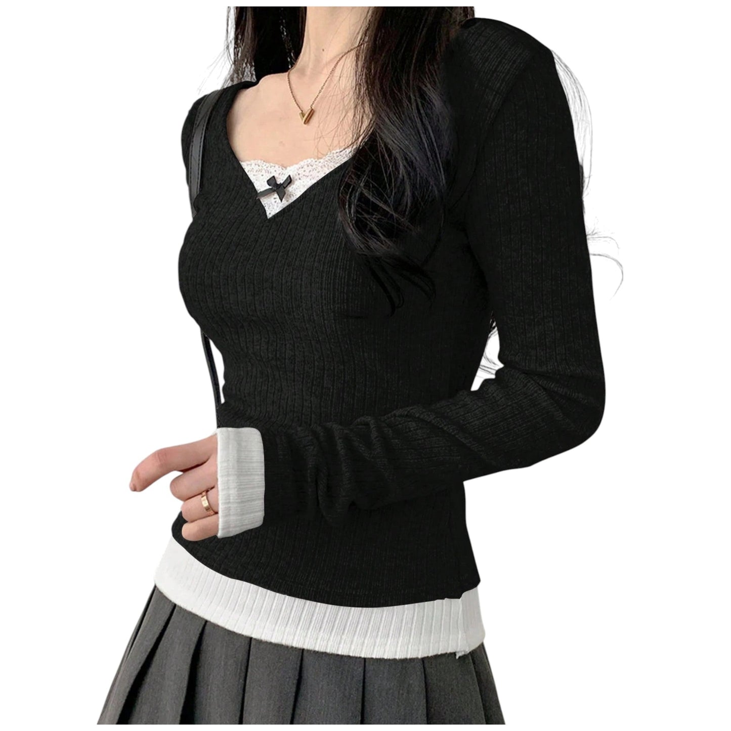 SHE fekete V-nyakú kötött pulóver