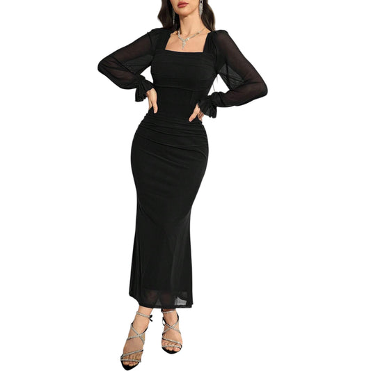 SHE fekete hálós hosszú ujjú maxi ruha