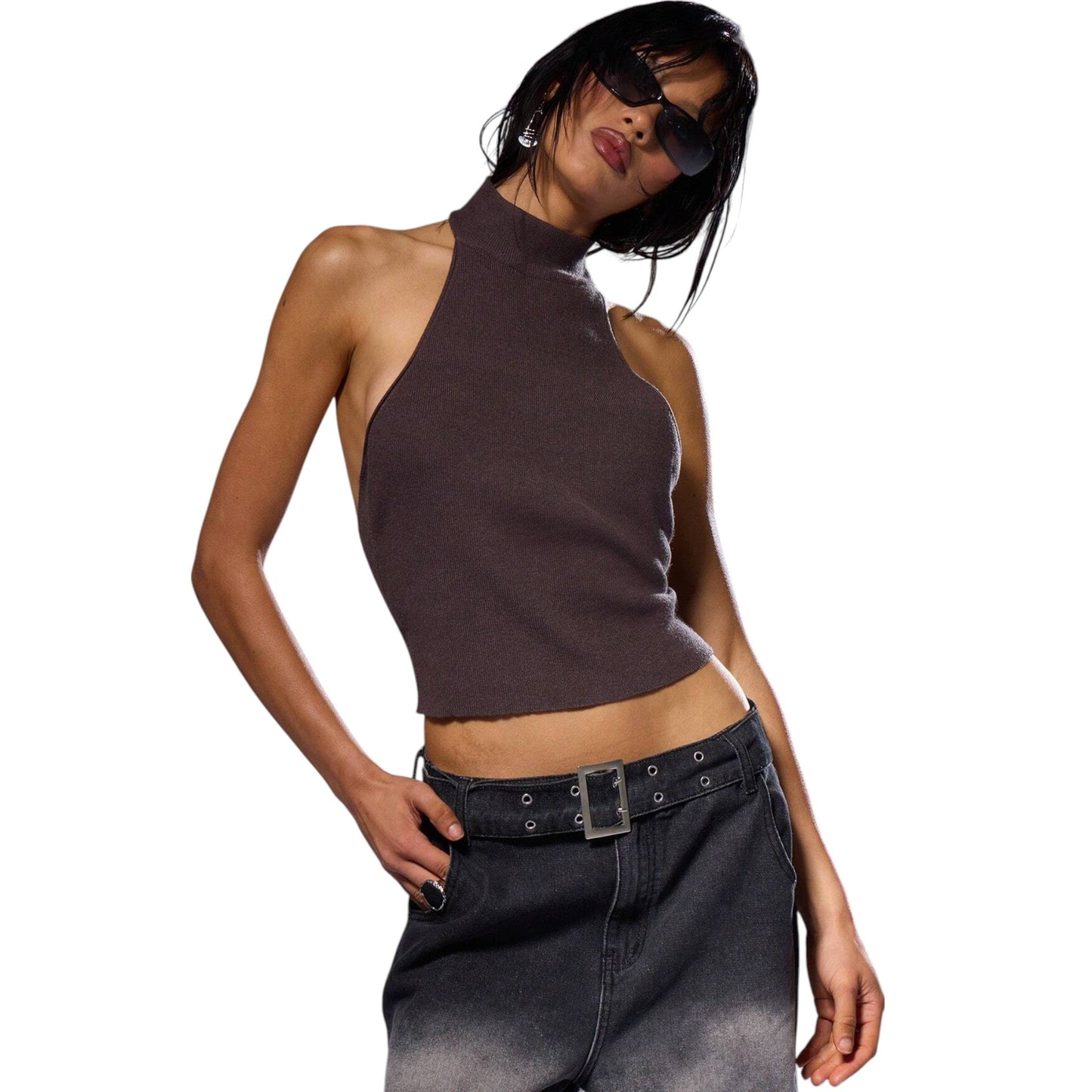SHE barna garbó nyakú crop top